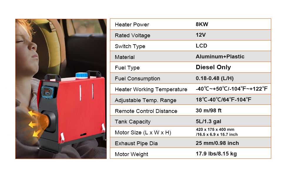 8KW Diesel Air Heater All in One 1 Air Outlet Diesel Heater 12V Remote Control Parking Heater Silencer with Blue LCD Switch for RV Trucks Bus and Trailer