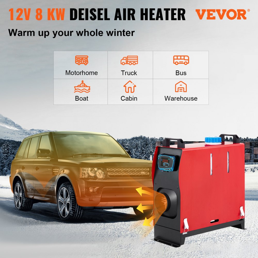 8KW Diesel Air Heater All in One 1 Air Outlet Diesel Heater 12V Remote Control Parking Heater Silencer with Blue LCD Switch for RV Trucks Bus and Trailer